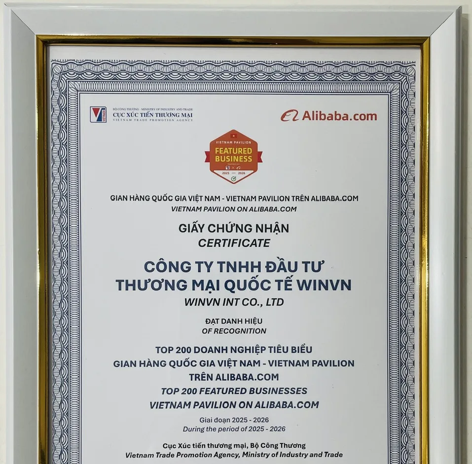 Certificate: WINVN INT CO., LTD, Top 200 Featured Businesses, Vietnam Pavilion on Alibaba.com, 2025 to 2026