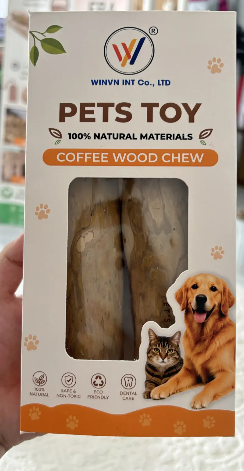 Coffee wood chew in a printed retail window box