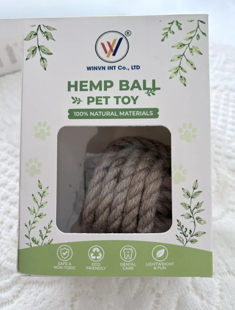 Hemp rope ball in a printed retail window box