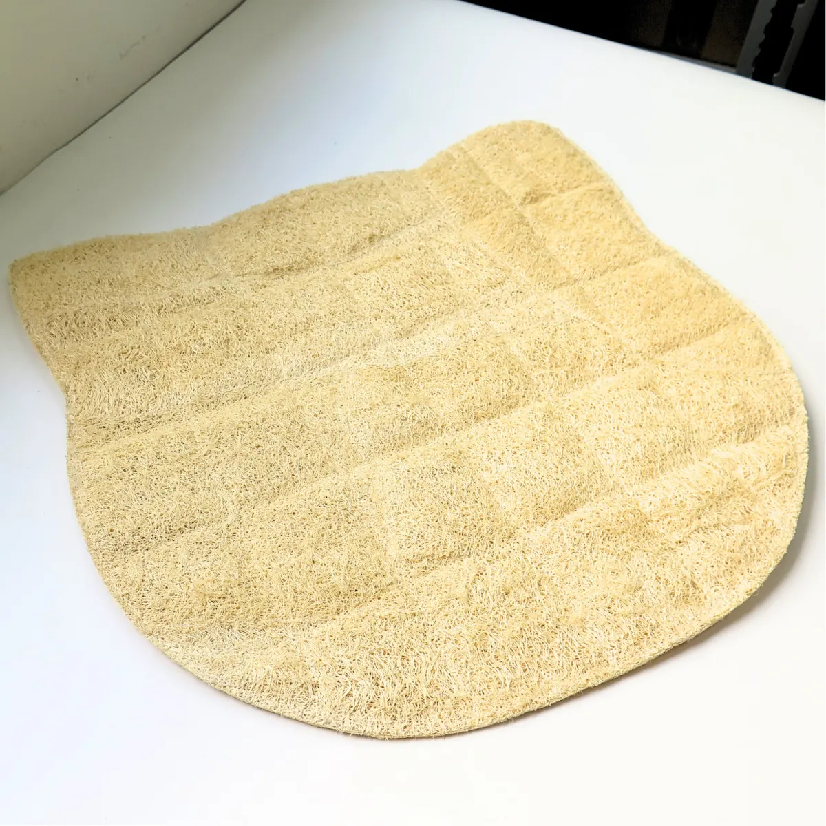 A loofah mat cut in a cat-face shape