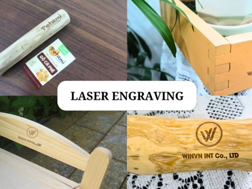 Laser engraving a buyer logo onto coffee wood chew sticks at WINVN INT