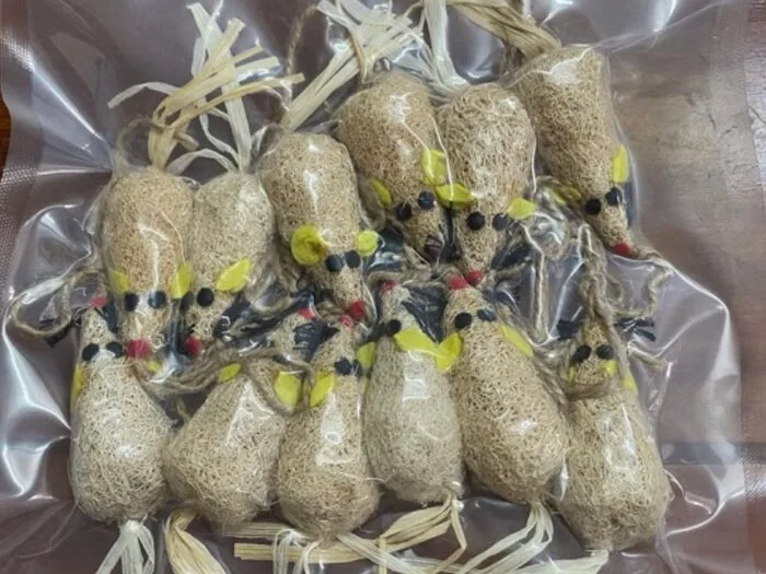 Loofah pet toys vacuum-packed in clear bags
