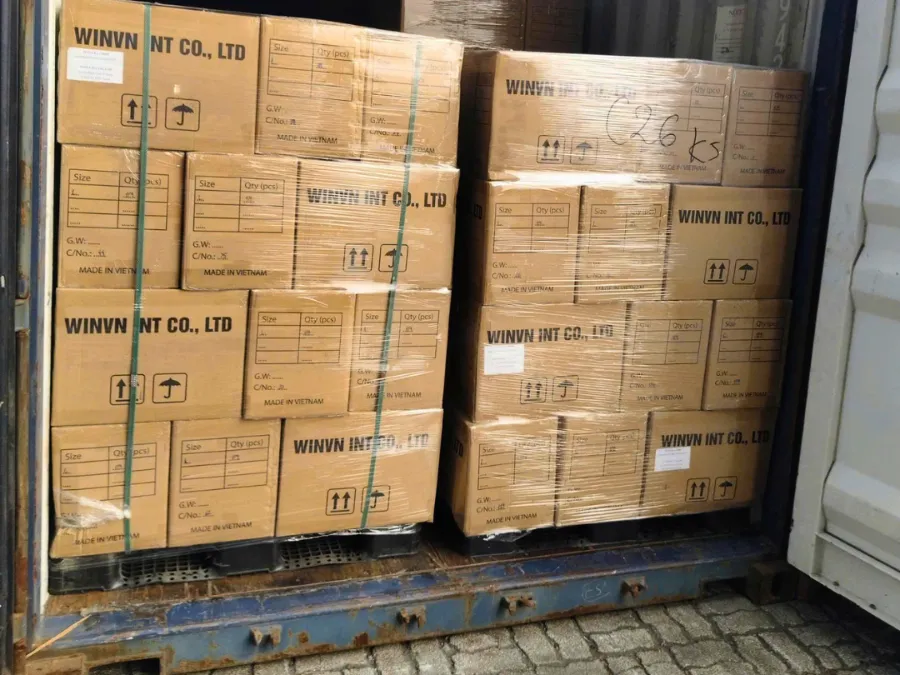 Master cartons marked WINVN INT CO., LTD stacked inside a shipping container at the WINVN INT warehouse